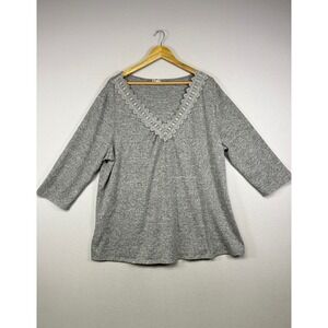 Grandmacore Late August Women 3X Gray Lace Trim 3/4 Sleeve Knit Blouse Top